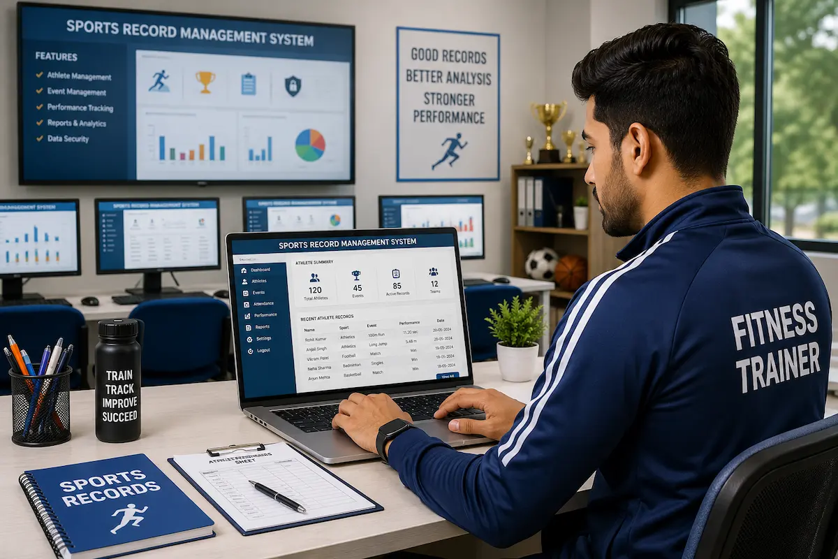 Sports trainer using a laptop for digital sports record management