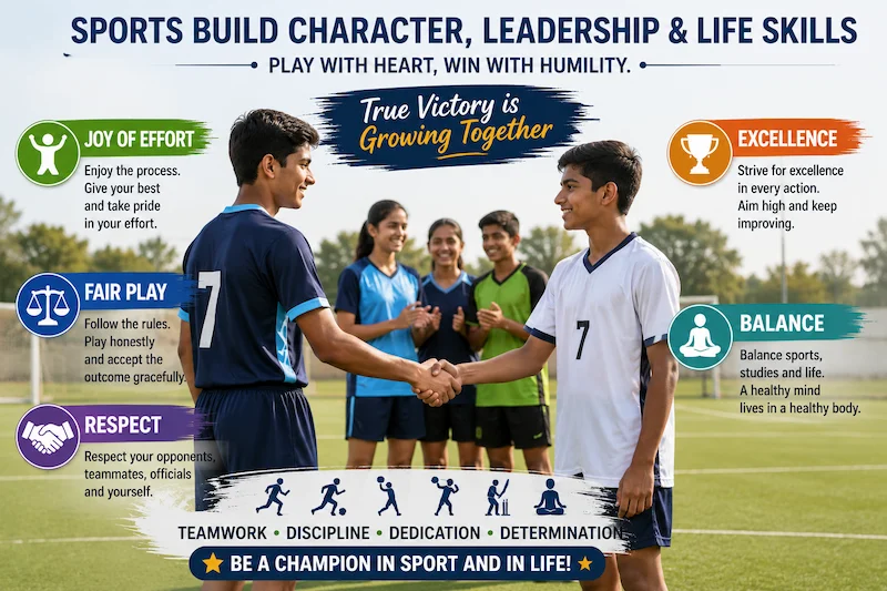 Educational sportsmanship image showing students shaking hands after a match with highlighted values: Joy of Effort, Fair Play, Respect, Excellence, and Balance.