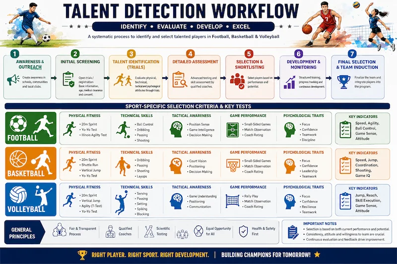 Talent detection workflow graphic mapping selection steps for football, basketball, and volleyball players.