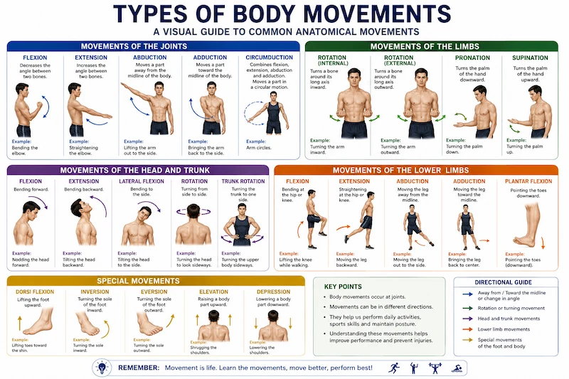 Types of body movements in kinesiology with directional arrows