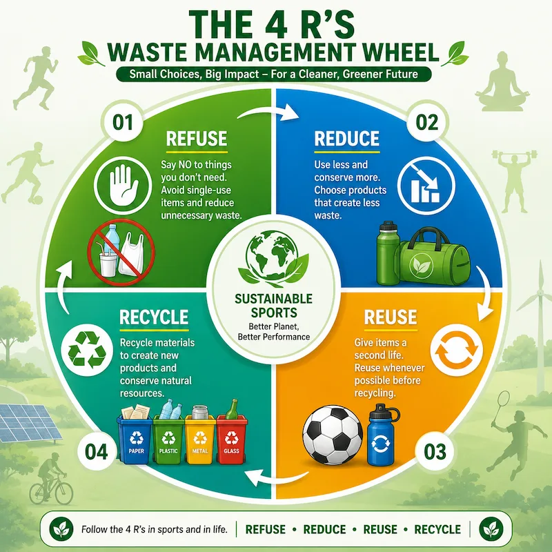 4 R's Waste Management Wheel showing Refuse, Reduce, Reuse, and Recycle with sustainability icons