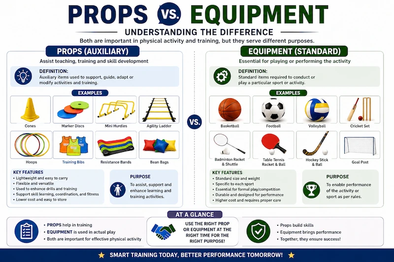 Props vs Equipment comparison infographic showing auxiliary training props and standard sports equipment used in physical activities
