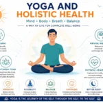 Educational illustration of Yoga and Holistic Health showing a person meditating in Padmasana surrounded by symbols of Pranayama, Ashtanga Yoga, mental well-being, physical health, strength, flexibility, balance, happiness, and better sleep.