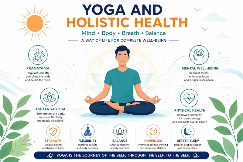 Educational illustration of Yoga and Holistic Health showing a person meditating in Padmasana surrounded by symbols of Pranayama, Ashtanga Yoga, mental well-being, physical health, strength, flexibility, balance, happiness, and better sleep.