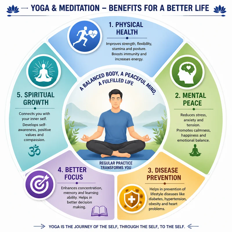 Educational circular infographic showing a person meditating at the center surrounded by five benefits of yoga and meditation: Physical Health, Mental Peace, Disease Prevention, Better Focus, and Spiritual Growth.