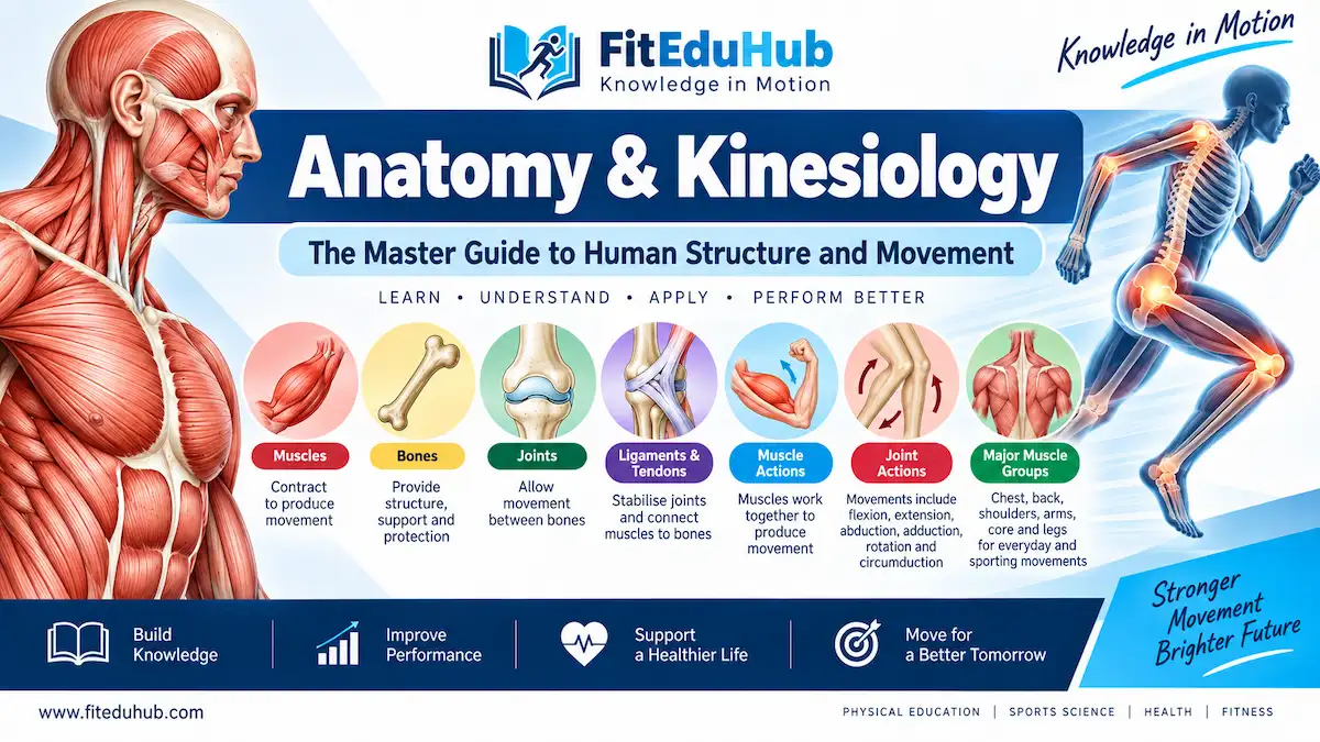 Anatomy and Kinesiology guide showing human muscles, bones, joints, ligaments, tendons and movement