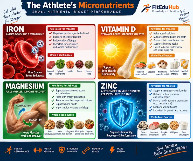The Athlete’s Micronutrients infographic showing iron, vitamin D, magnesium, and zinc with their athletic roles and whole-food sources.