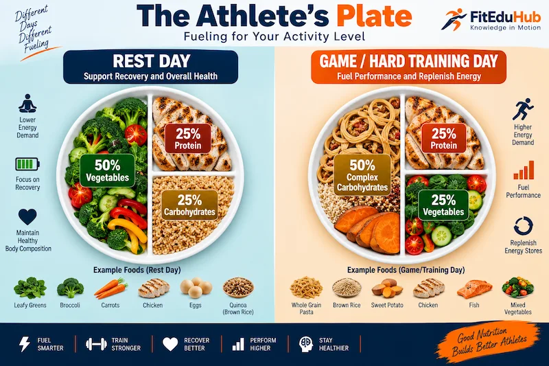 The Athlete’s Plate comparing rest day and game day nutrition with vegetables, protein, and carbohydrates adjusted for activity level.