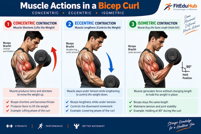 Bicep curl showing concentric, eccentric, and isometric muscle actions as the biceps shorten, lengthen under tension, and hold a static position.