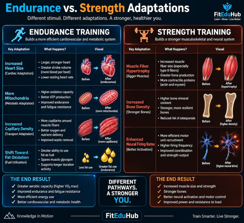 Endurance vs Strength Adaptations infographic comparing cardiovascular and metabolic changes with muscular, bone, and neural adaptations