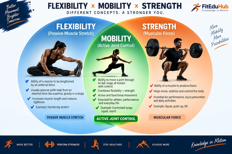 Venn diagram showing flexibility and strength overlapping to form mobility through active joint control.