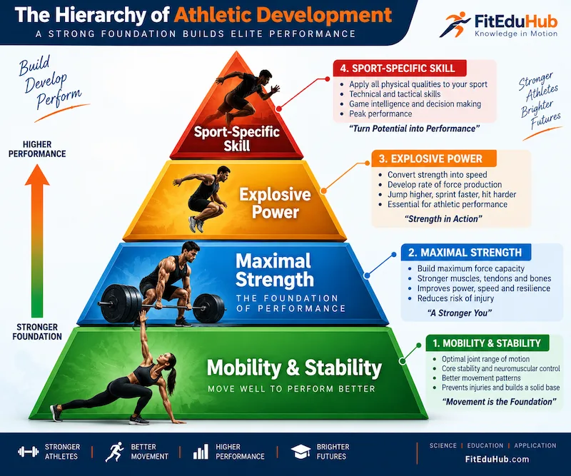 Hierarchy of athletic development pyramid showing mobility and stability, maximal strength, explosive power, and sport-specific skill.