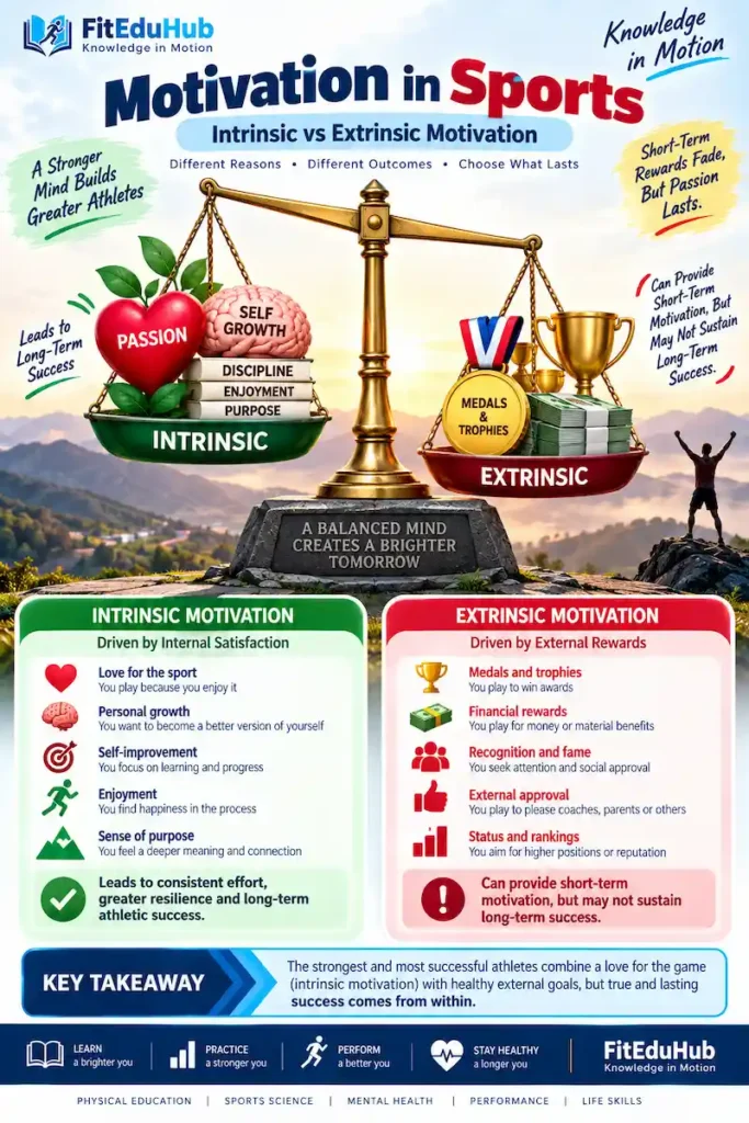 Intrinsic vs extrinsic motivation in sports showing passion, self-growth, rewards, medals and money