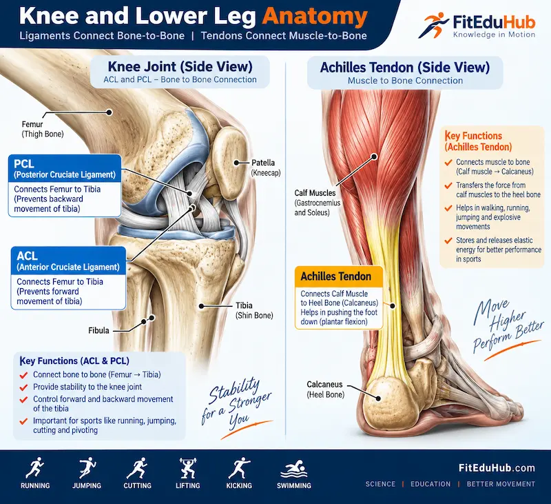 Knee and lower leg anatomy showing ACL and PCL connecting the femur to tibia, and the Achilles tendon connecting calf muscles to the heel bone.