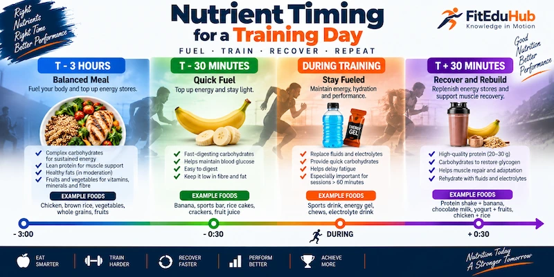 Nutrient timing timeline showing a balanced meal 3 hours before training, quick carbohydrates 30 minutes before, fuel during training, and post-workout protein and carbohydrates.