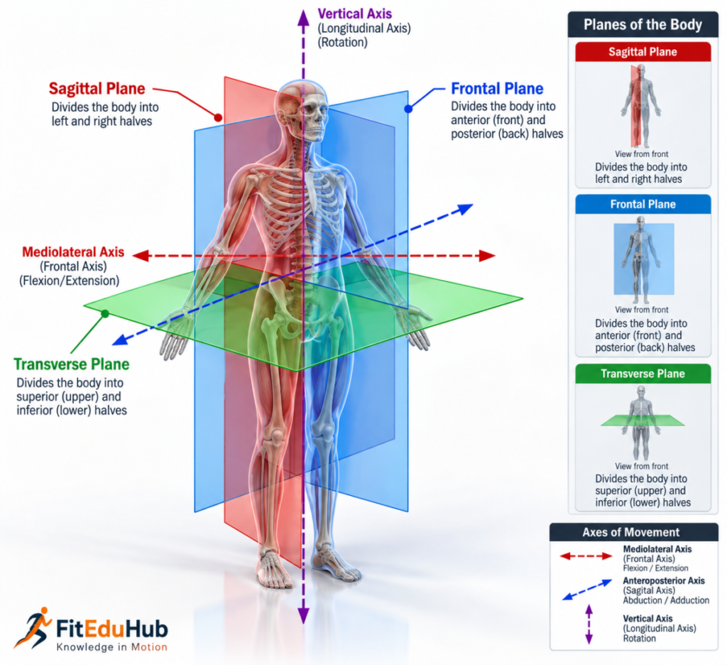 3D anatomical human figure showing sagittal, frontal, and transverse planes with movement axes