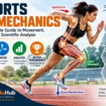 Female athlete demonstrating sports biomechanics with joint movement, force arrows, and scientific analysis