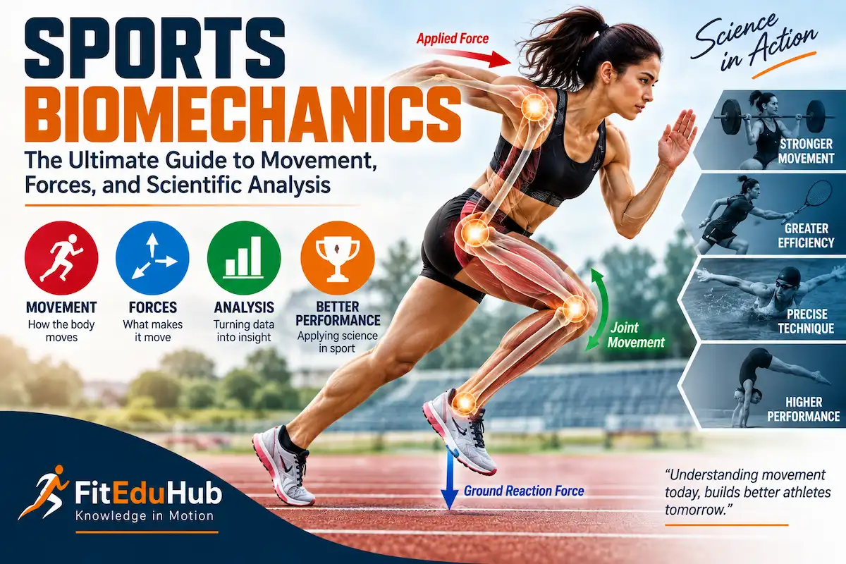 Female athlete demonstrating sports biomechanics with joint movement, force arrows, and scientific analysis