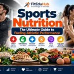 Sports nutrition guide showing athletes, healthy foods, hydration, carbohydrates, protein, fats, vitamins, and minerals for athletic performance.