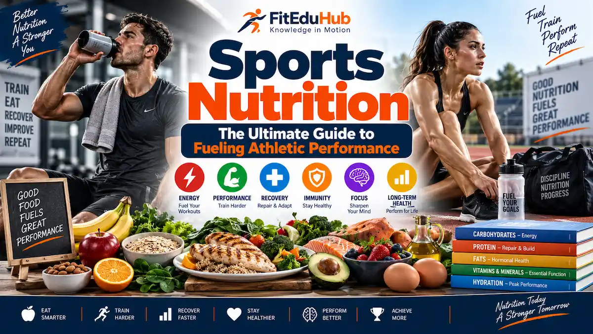 Sports nutrition guide showing athletes, healthy foods, hydration, carbohydrates, protein, fats, vitamins, and minerals for athletic performance.