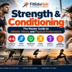 Strength and conditioning guide showing athletes training for strength, speed, endurance, power, mobility, and injury prevention.
