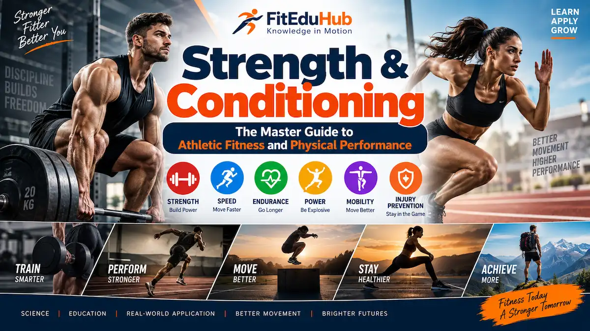 Strength and conditioning guide showing athletes training for strength, speed, endurance, power, mobility, and injury prevention.