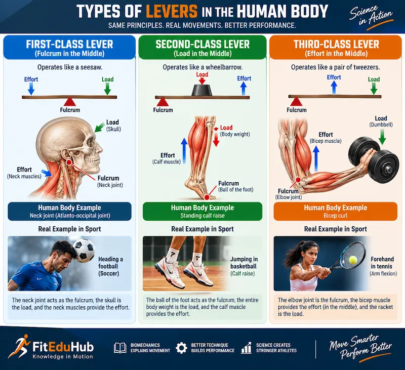 First second and third levers in the human body with football basketball and tennis examples
