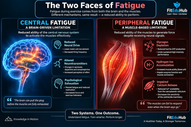 The Two Faces of Fatigue infographic comparing central fatigue from the brain with peripheral fatigue from the muscles