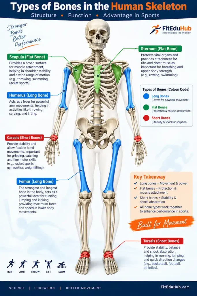 Types of bones in the human skeleton showing long bones, flat bones, and short bones with their roles in sports movement and performance.