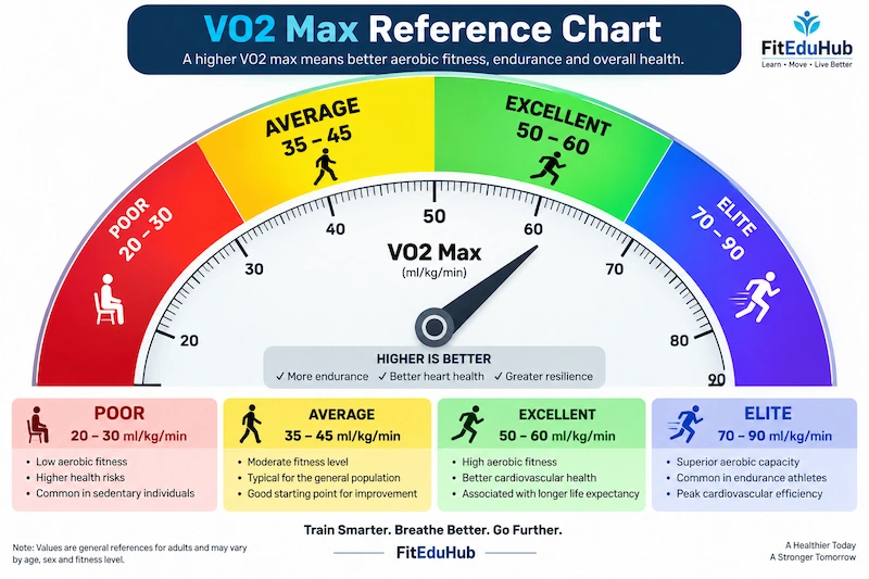 VO2 Max Reference Chart showing poor, average, excellent, and elite fitness levels in ml/kg/min