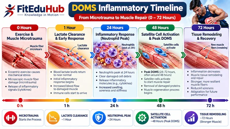 DOMS inflammatory timeline showing muscle microtrauma, lactate clearance, neutrophil response, satellite cell activation, and tissue remodeling over 72 hours