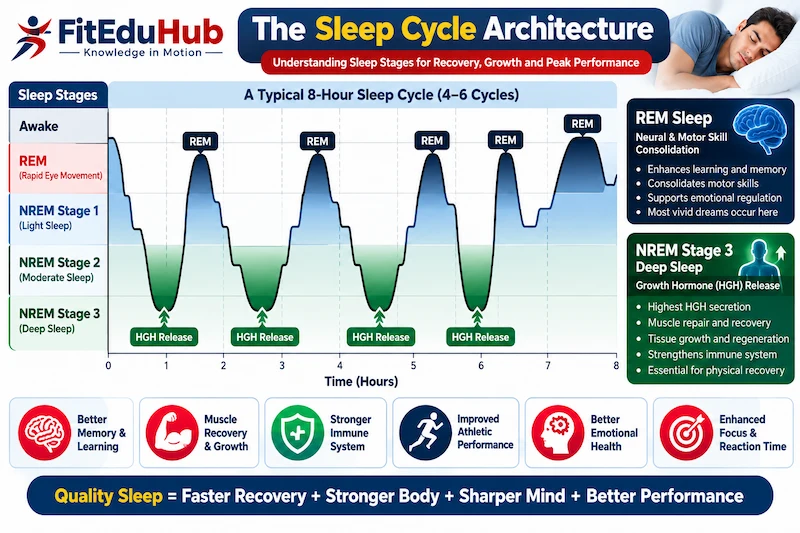 Sleep cycle architecture chart showing NREM deep sleep, growth hormone release, REM sleep, and motor skill consolidation for athletes
